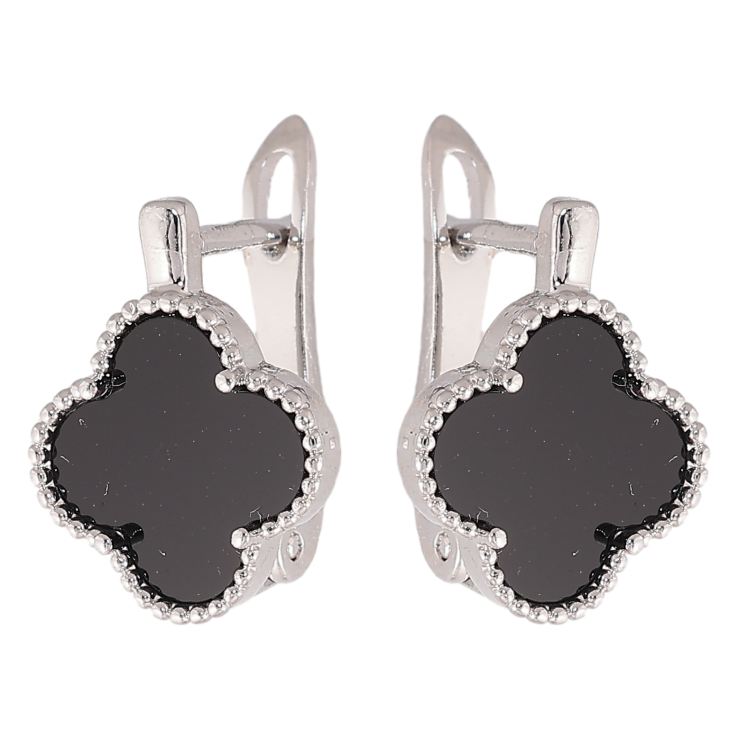 Сережки Нержавіюча сталь англійський замок "Конюшина з чорними вставками" фото №1 Сережки Нержавіюча сталь англійський замок "Конюшина з чорними вставками" фото №1