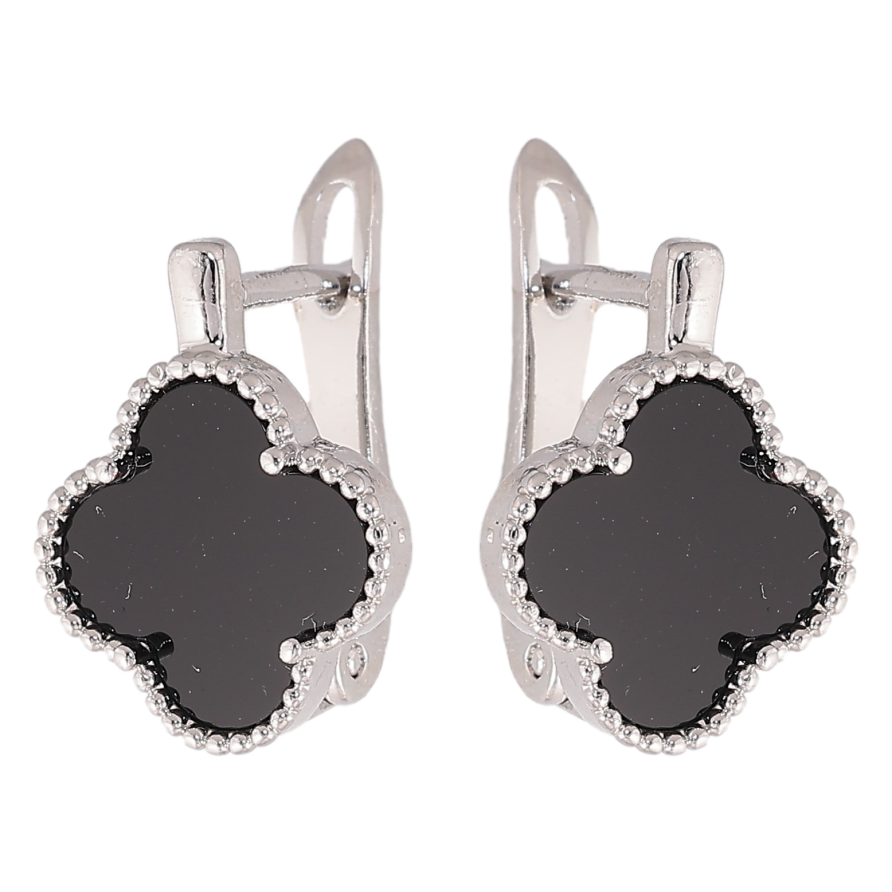 Сережки Нержавіюча сталь англійський замок "Конюшина з чорними вставками" фото №1 Сережки Нержавіюча сталь англійський замок "Конюшина з чорними вставками" фото №1