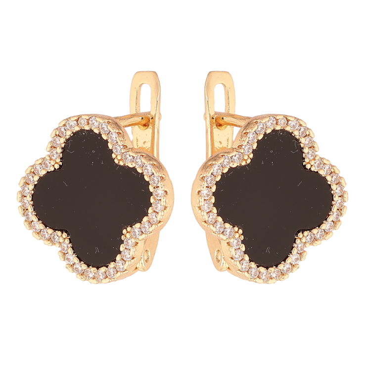 Сережки Нержавіюча сталь англійський замок "Конюшина з чорними вставками та кристалами" фото №17