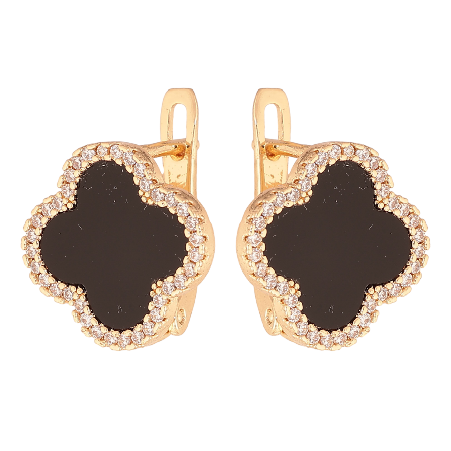 Сережки Нержавіюча сталь англійський замок "Конюшина з чорними вставками та кристалами" фото №1