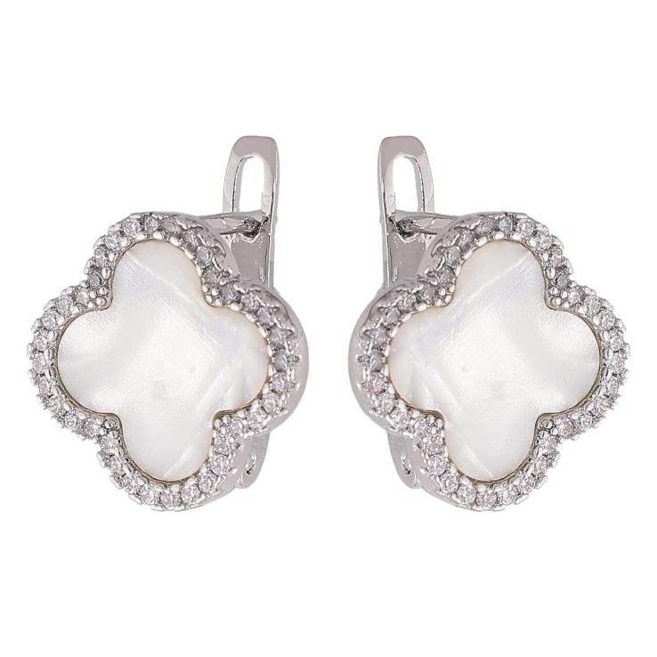 Сережки Нержавіюча сталь англійський замок "Конюшина з перламутровими вставками та кристалами" фото №3 Сережки Нержавіюча сталь англійський замок "Конюшина з перламутровими вставками та кристалами" фото №3