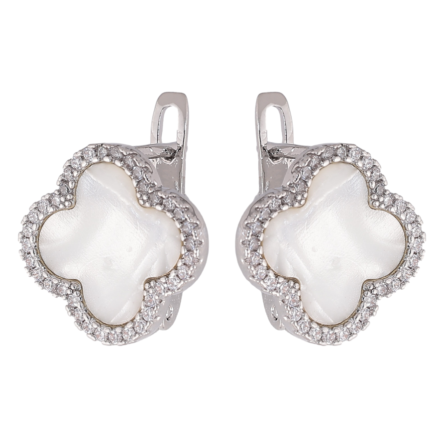 Сережки Нержавіюча сталь англійський замок "Конюшина з перламутровими вставками та кристалами" фото №1