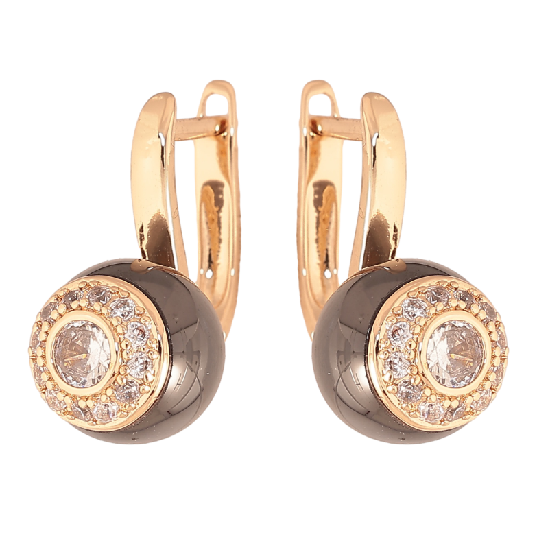 Сережки Xuping TTM Stainless Steel колір 18К англійський замок візерунок з чорною керамікою та кристалами фото №1