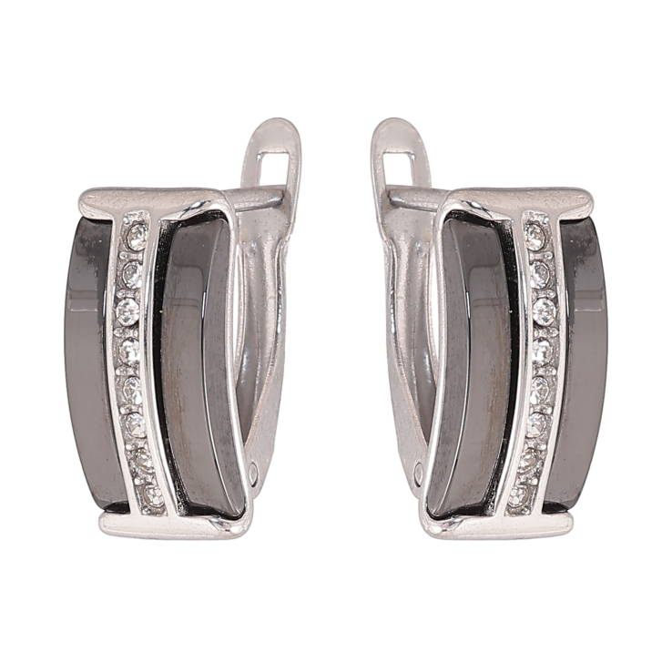 Серьги Xuping TTM Stainless Steel цвет Родий английский замок "Дорожки кристаллов с вставками черная керамика" фото №6