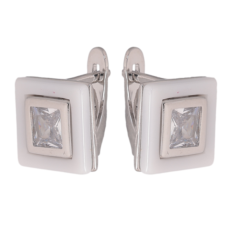 Сережки Xuping TTM Stainless Steel колір Родій англійський замок "Квадрати з білою керамікою та кристалами" фото №15