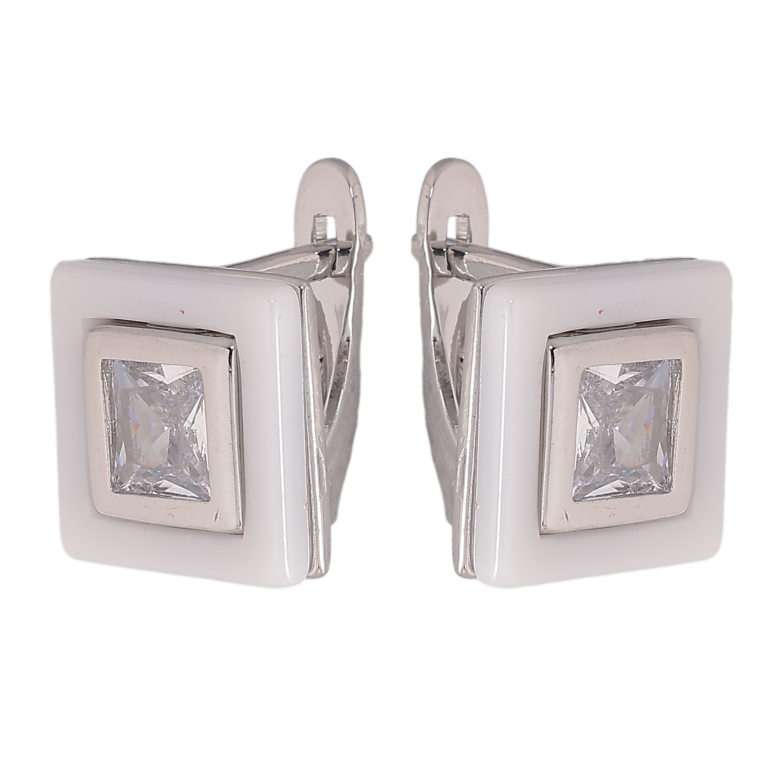 Сережки Xuping TTM Stainless Steel колір Родій англійський замок "Квадрати з білою керамікою та кристалами" фото №1 Сережки Xuping TTM Stainless Steel колір Родій англійський замок "Квадрати з білою керамікою та кристалами" фото №1