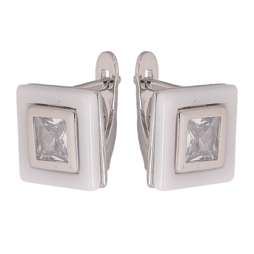 Сережки Xuping TTM Stainless Steel колір Родій англійський замок "Квадрати з білою керамікою та кристалами" фото №1 Сережки Xuping TTM Stainless Steel колір Родій англійський замок "Квадрати з білою керамікою та кристалами" фото №1