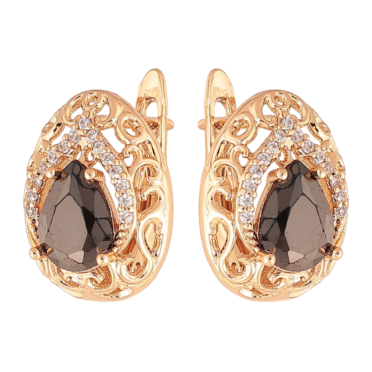 Сережки Xuping колір Позолота 18K англійський замок "Ажурні крапельки з чорними кристалами" фото №17