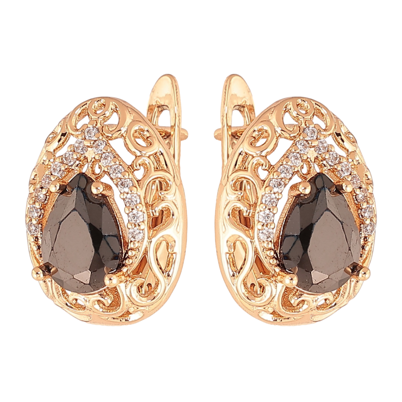 Сережки Xuping колір Позолота 18K англійський замок "Ажурні крапельки з чорними кристалами" фото №1 Сережки Xuping колір Позолота 18K англійський замок "Ажурні крапельки з чорними кристалами" фото №1