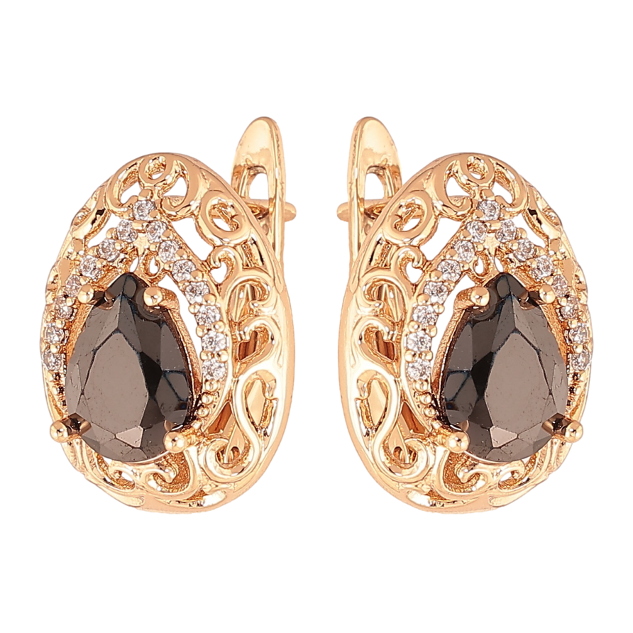 Сережки Xuping колір Позолота 18K англійський замок "Ажурні крапельки з чорними кристалами" фото №1 Сережки Xuping колір Позолота 18K англійський замок "Ажурні крапельки з чорними кристалами" фото №1