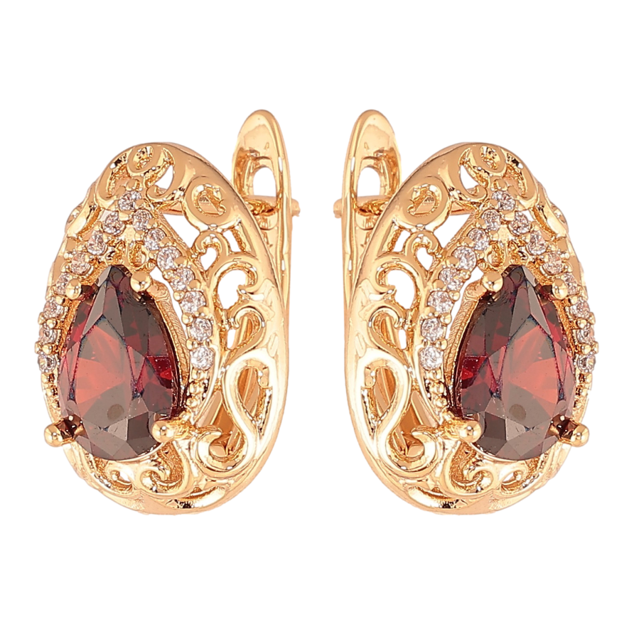 Сережки Xuping колір Позолота 18K англійський замок "Ажурні крапельки з червоними кристалами" фото №1 Сережки Xuping колір Позолота 18K англійський замок "Ажурні крапельки з червоними кристалами" фото №1