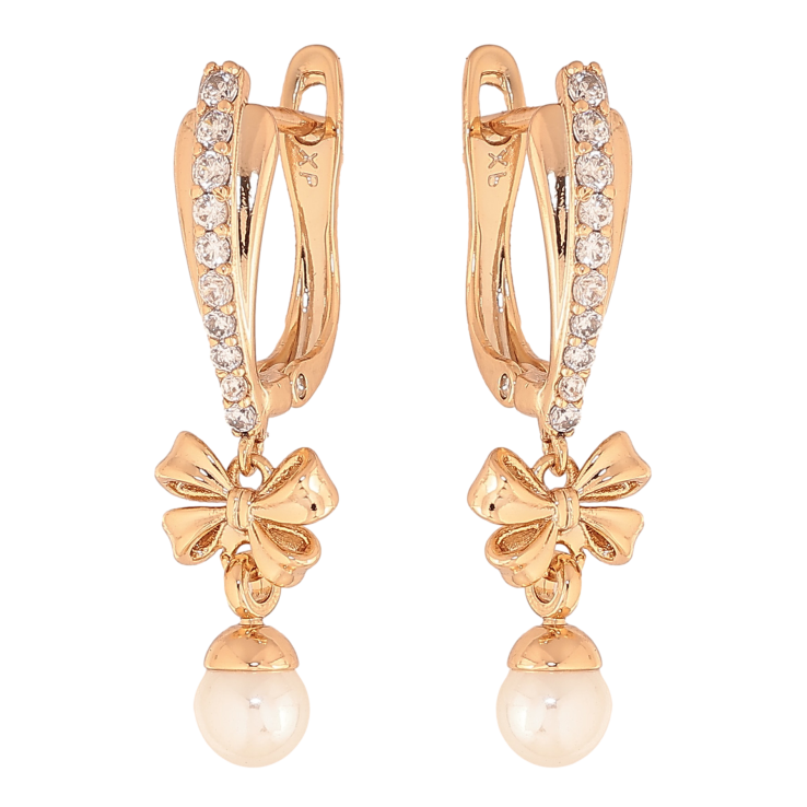 Сережки Xuping колір Позолота 18К англійський замок "Перлинні підвіски з бантами" фото №8 Сережки Xuping колір Позолота 18К англійський замок "Перлинні підвіски з бантами" фото №8