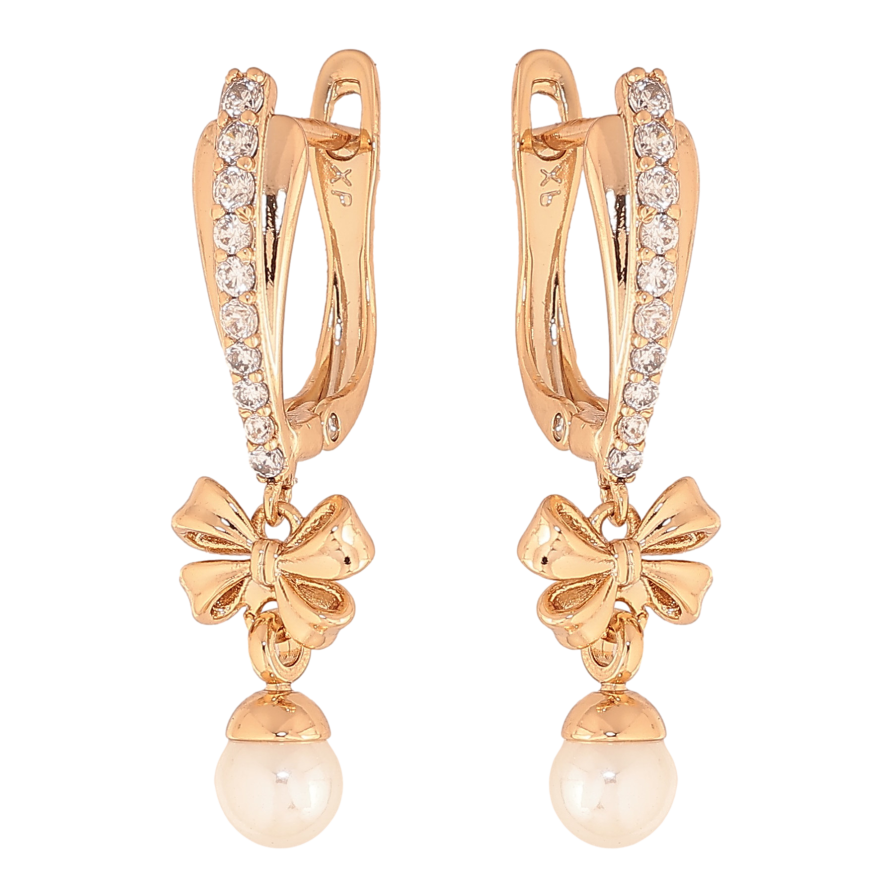 Сережки Xuping колір Позолота 18К англійський замок "Перлинні підвіски з бантами" фото №1