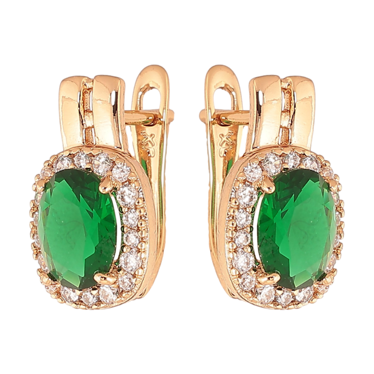 Сережки Xuping колір Позолота 18K англійський замок "Зелені кристали в обрамленні" фото №4