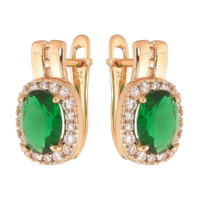 Сережки Xuping колір Позолота 18K англійський замок "Зелені кристали в обрамленні" фото №1