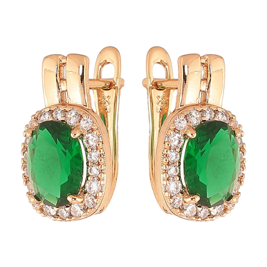 Сережки Xuping колір Позолота 18K англійський замок "Зелені кристали в обрамленні" фото №1