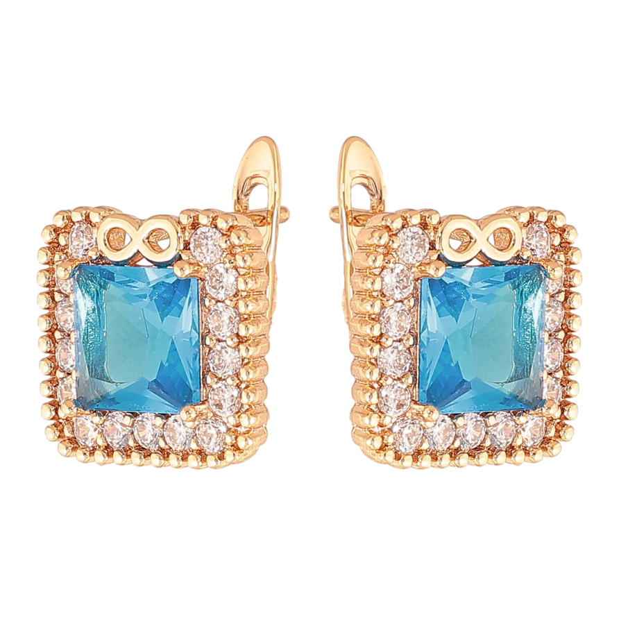 Серьги Xuping цвет Позолота 18K английский замок "Голубые кристаллы в обрамлении" фото №1 Серьги Xuping цвет Позолота 18K английский замок "Голубые кристаллы в обрамлении" фото №1