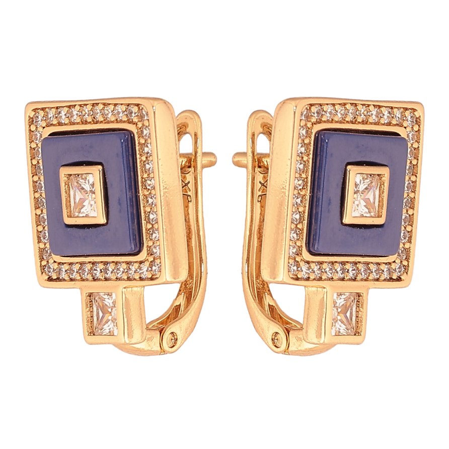 Серьги Xuping цвет Позолота 18К английский замок "Квадраты с синей керамикой и кристаллами" фото №1 Серьги Xuping цвет Позолота 18К английский замок "Квадраты с синей керамикой и кристаллами" фото №1