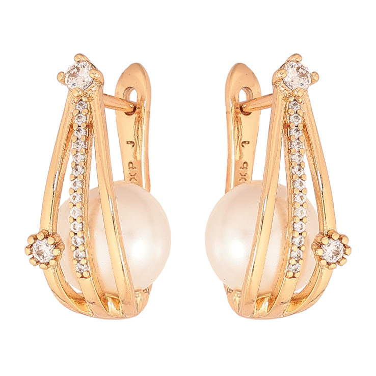 Серьги Xuping цвет Позолота 18К английский замок "Узор с жемчужинами и кристаллами" фото №5