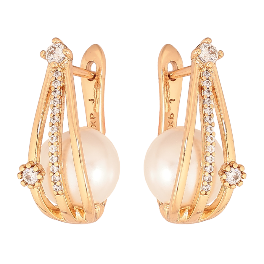 Серьги Xuping цвет Позолота 18К английский замок "Узор с жемчужинами и кристаллами" фото №1 Серьги Xuping цвет Позолота 18К английский замок "Узор с жемчужинами и кристаллами" фото №1