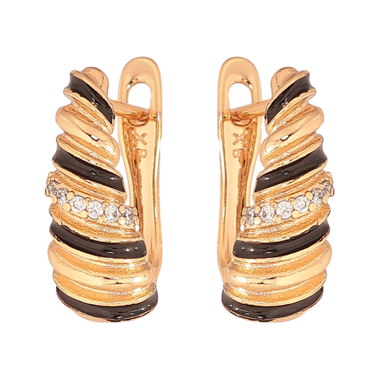 Сережки Xuping колір Позолота 18К англійський замок "Візерунки з кристалами і чорною емаллю" фото №2