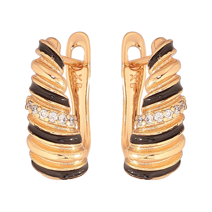 Серьги Xuping цвет Позолота 18К английский замок "Узоры с кристаллами и черной эмалью" фото №1 Серьги Xuping цвет Позолота 18К английский замок "Узоры с кристаллами и черной эмалью" фото №1