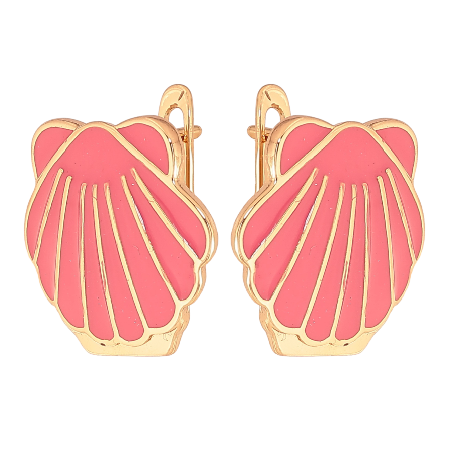 Серьги Xuping цвет Позолота 18К английский замок "Ракушки с розовой эмалью" фото №1