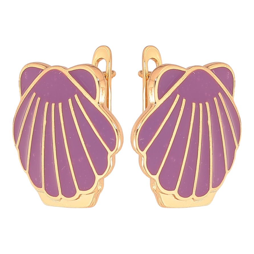 Серьги Xuping цвет Позолота 18К английский замок "Ракушки с сиреневой эмалью" фото №1