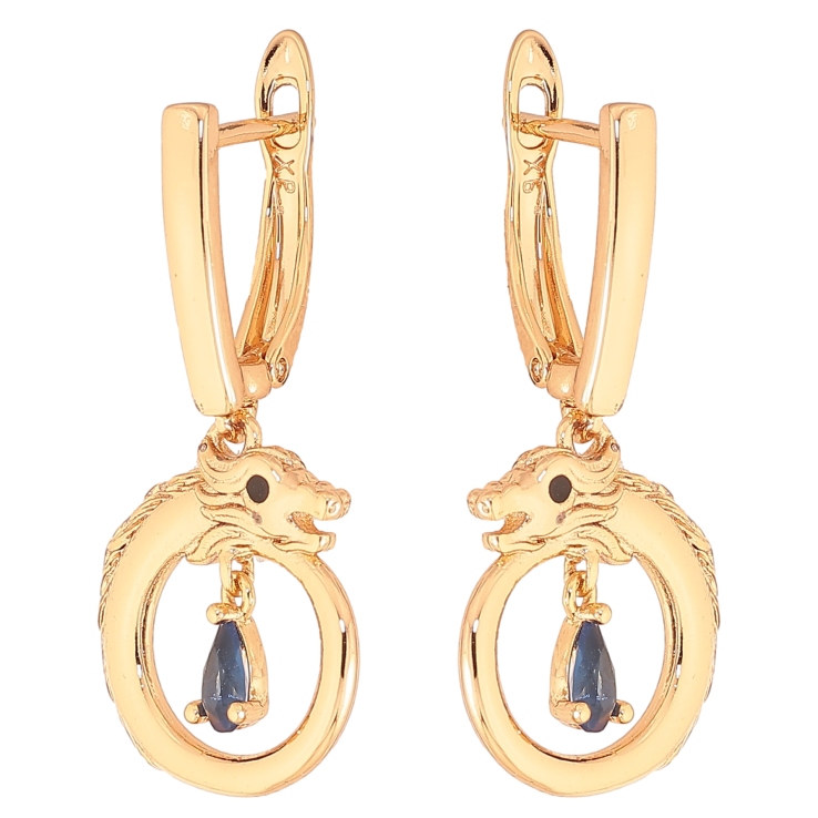 Серьги Xuping цвет Позолота 18K английский замок "Подвески дракон с  синими кристаллами" фото №11