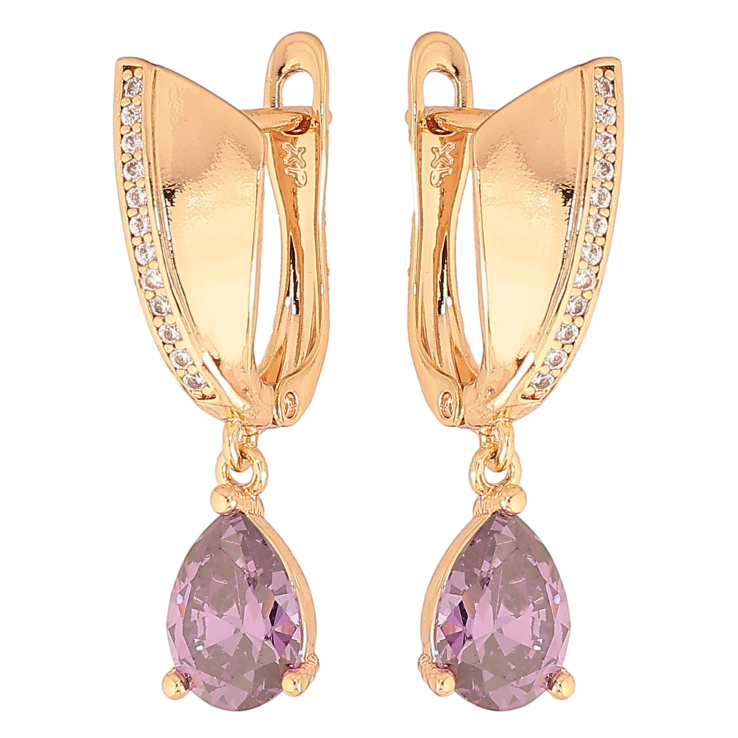 Сережки Xuping колір Позолота 18К англійський замок "Підвіски з бузковими кристалами" фото №16