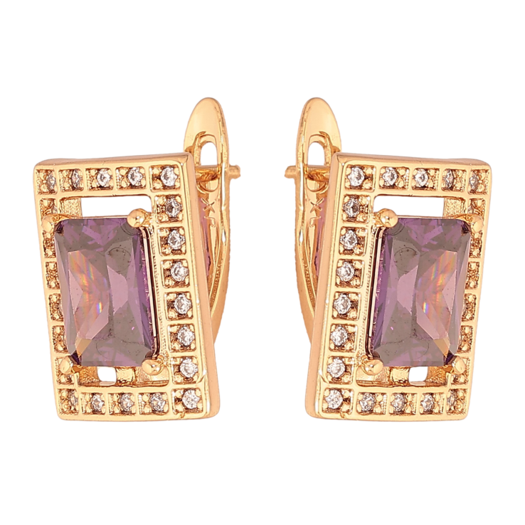 Серьги Xuping цвет Позолота 18К английский замок "Прямоугольники с сиреневыми кристаллами" фото №5