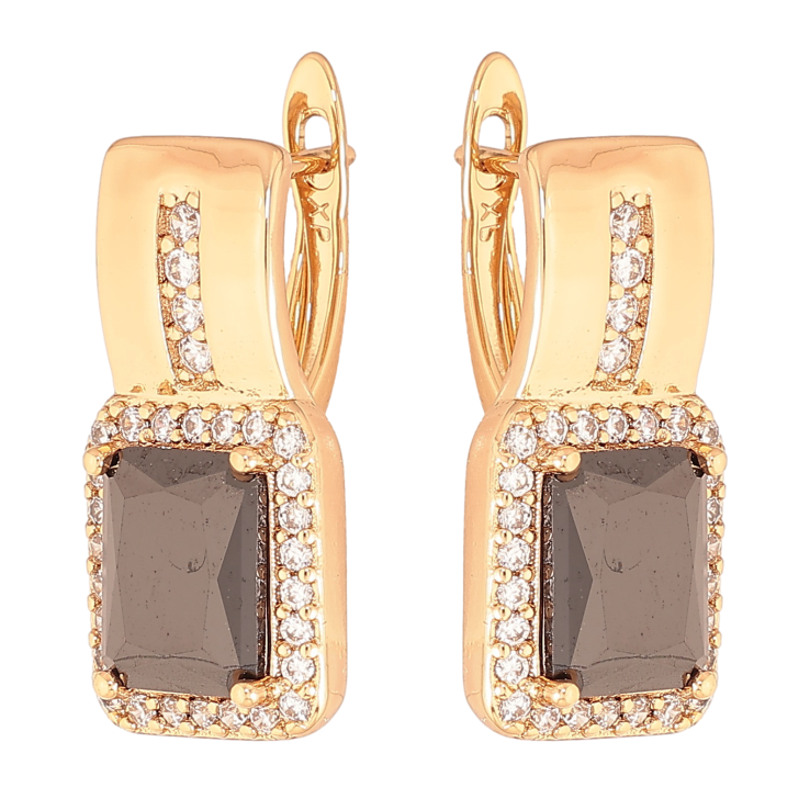 Сережки Xuping колір Позолота 18K англійський замок "Візерунок з чорними кристалами" фото №3