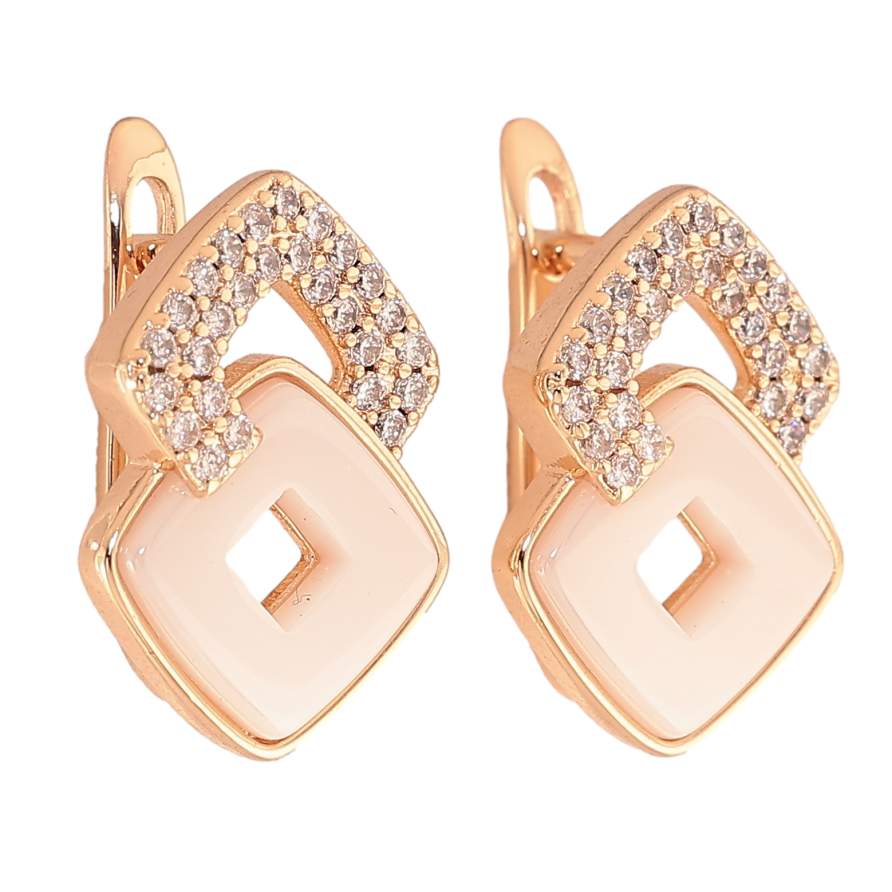 Серьги Xuping цвет Позолота 18K английский замок "Ромбовый узор из белой керамики с кристаллами" фото №1 Серьги Xuping цвет Позолота 18K английский замок "Ромбовый узор из белой керамики с кристаллами" фото №1
