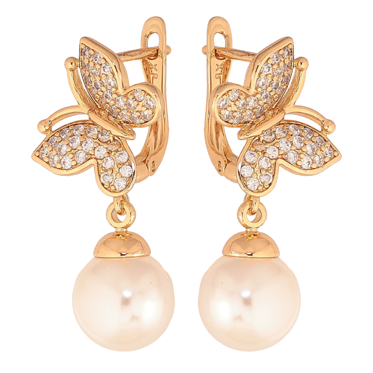 Сережки Xuping колір Позолота 18К англійський замок "Метелики з перлинними підвісами" фото №22