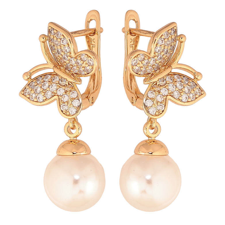 Сережки Xuping колір Позолота 18К англійський замок "Метелики з перлинними підвісами" фото №1