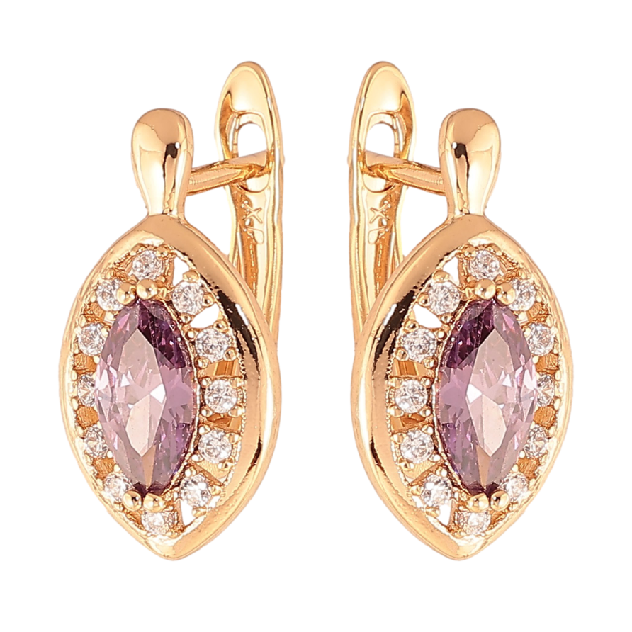 Сережки Xuping колір Позолота 18K англійський замок "Бузкові кристали в обрамленні" фото №1 Сережки Xuping колір Позолота 18K англійський замок "Бузкові кристали в обрамленні" фото №1