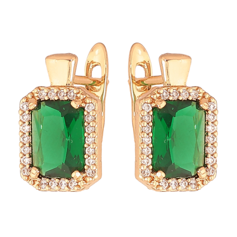 Серьги Xuping цвет Позолота 18K английский замок "Зеленые кристаллы в обрамлении" фото №1