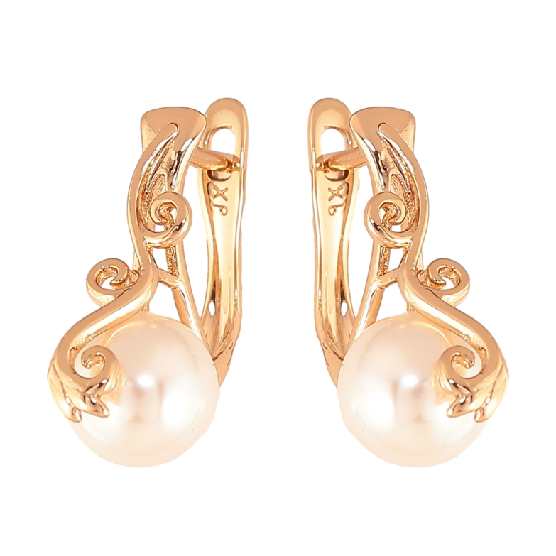 Сережки Xuping колір Позолота 18K англійський замок "Вензельний візерунок з перлинами" ø 8мм фото №1