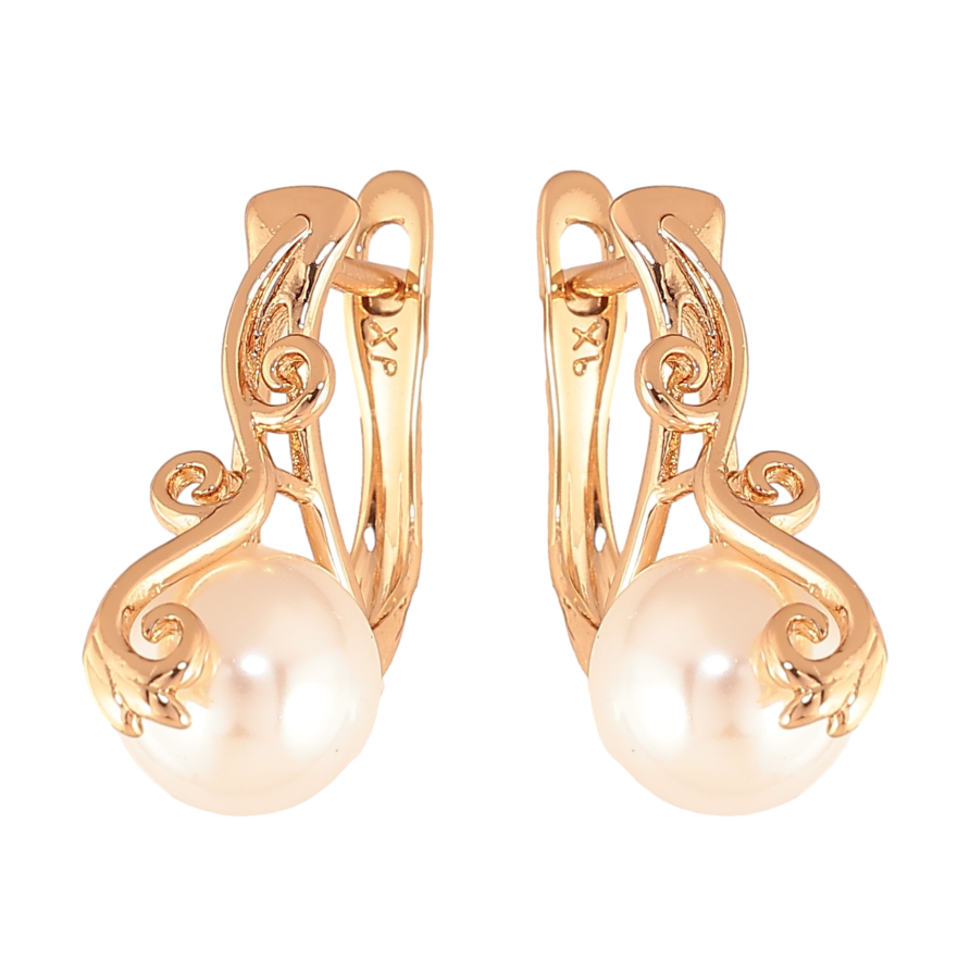 Сережки Xuping колір Позолота 18K англійський замок "Вензельний візерунок з перлинами" ø 8мм фото №1