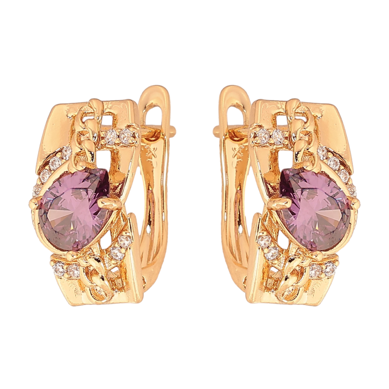 Серьги Xuping цвет Позолота 18К английский замок "Узор с сиреневыми кристаллами" фото №1