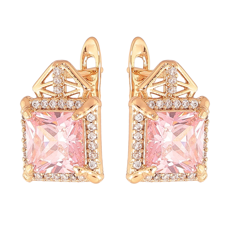 Сережки Xuping колір Позолота 18K англійський замок "Візерунок з рожевими кристалами" фото №1