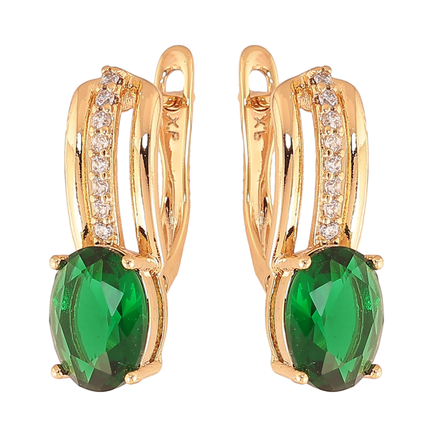 Сережки Xuping колір Позолота 18К англійський замок "Візерунок з зеленими кристалами" фото №1