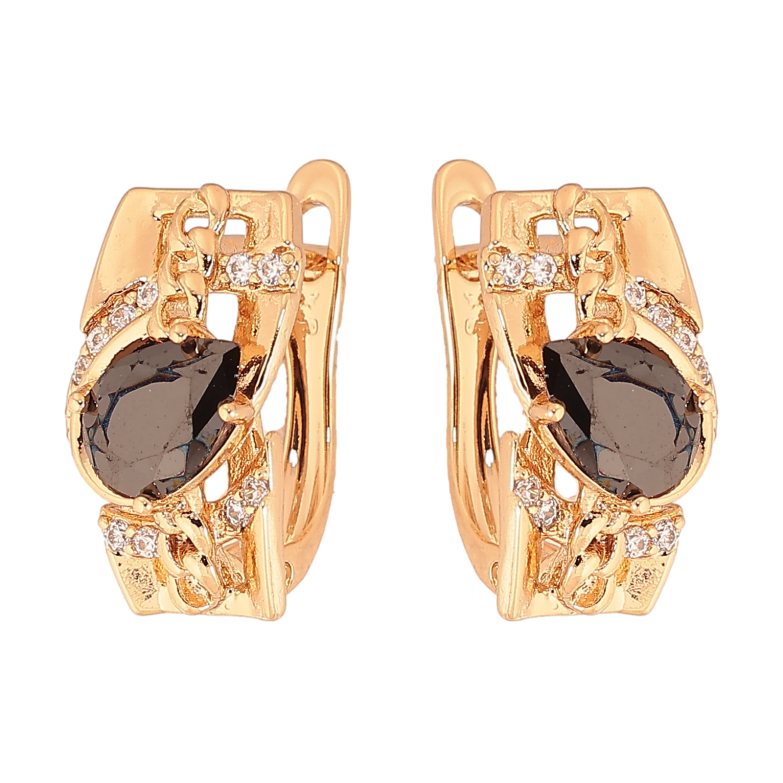 Серьги Xuping цвет Позолота 18К английский замок "Узор с черными кристаллами" фото №1