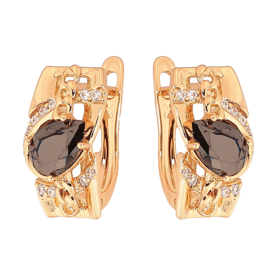 Серьги Xuping цвет Позолота 18К английский замок "Узор с черными кристаллами" фото №1