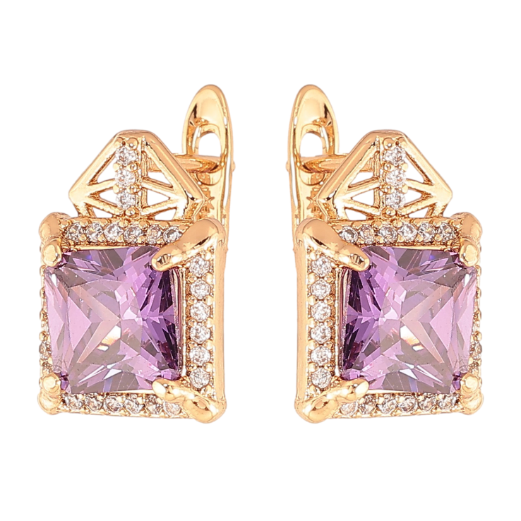 Сережки Xuping колір Позолота 18K англійський замок "Візерунок з бузковими кристалами" фото №4 Сережки Xuping колір Позолота 18K англійський замок "Візерунок з бузковими кристалами" фото №4