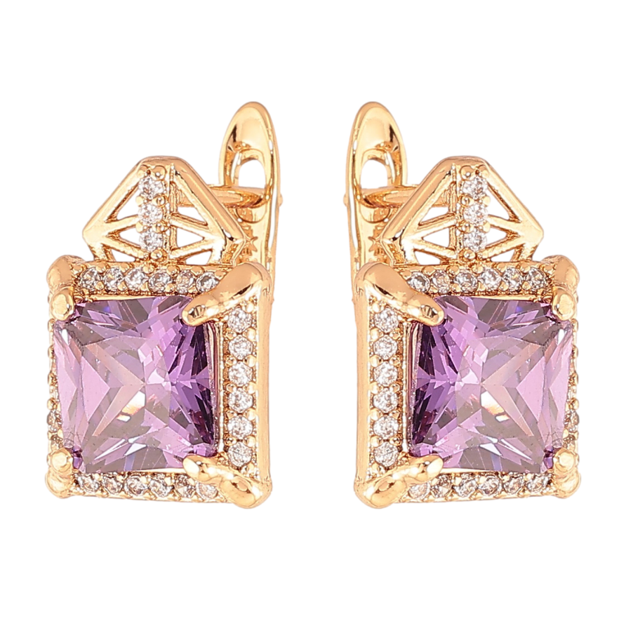 Сережки Xuping колір Позолота 18K англійський замок "Візерунок з бузковими кристалами" фото №1