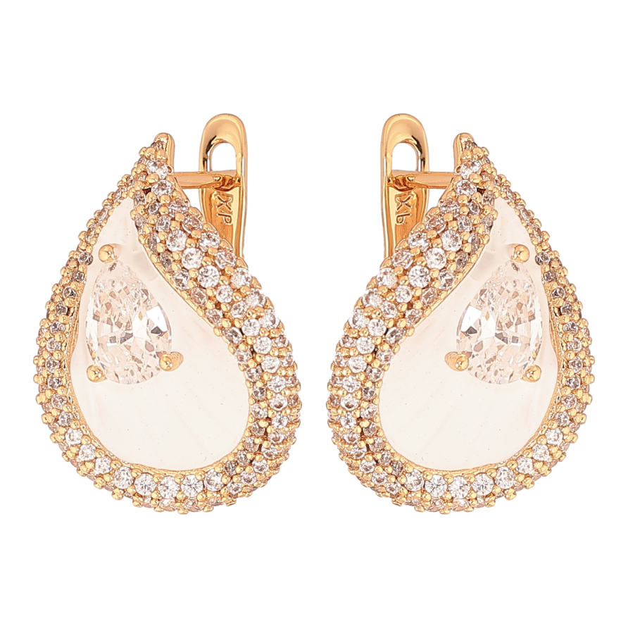 Серьги Xuping цвет Позолота 18К английский замок "Капельки с инкрустацией кристаллами и белой эмалью" фото №1