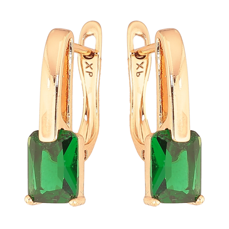 Серьги Xuping цвет Позолота 18K английский замок "Узор с зелеными кристаллами" фото №1