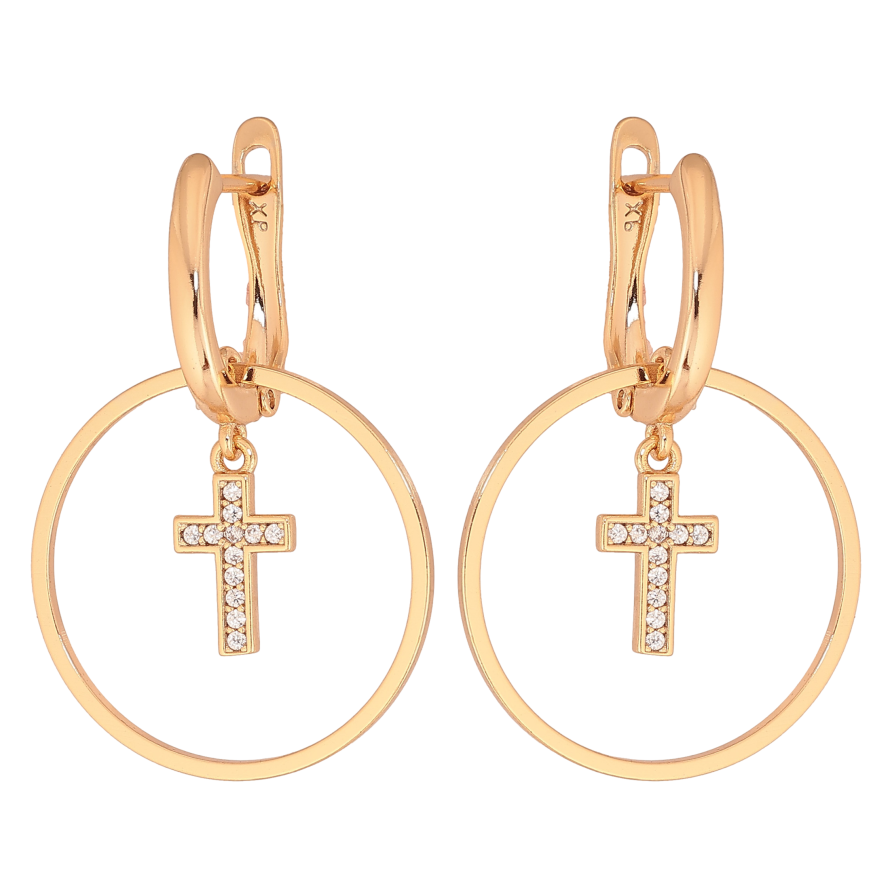 Серьги Xuping цвет Позолота 18К английский замок "Круглые подвески с крестиками" фото №1