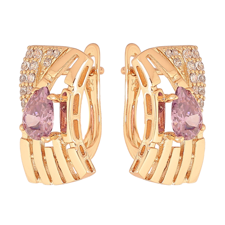 Серьги Xuping цвет Позолота 18К английский замок "Узор с сиреневыми кристаллами" фото №15